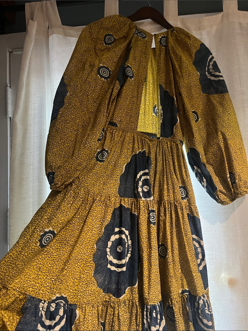 Ulla Johnson Mustard and Navy Printed Long-Sleeve Tiered Dress - Picture 2 of 4